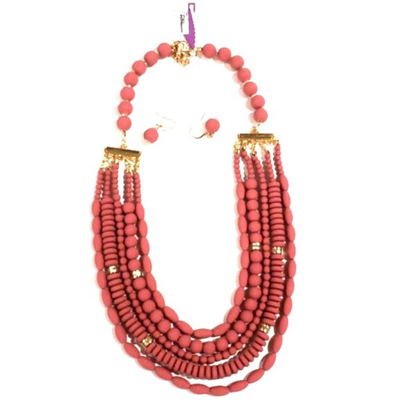 Bold Pink Beaded Necklace & Earrings Set – Gold-Tone Layered Statement Look - Picture 1 of 12